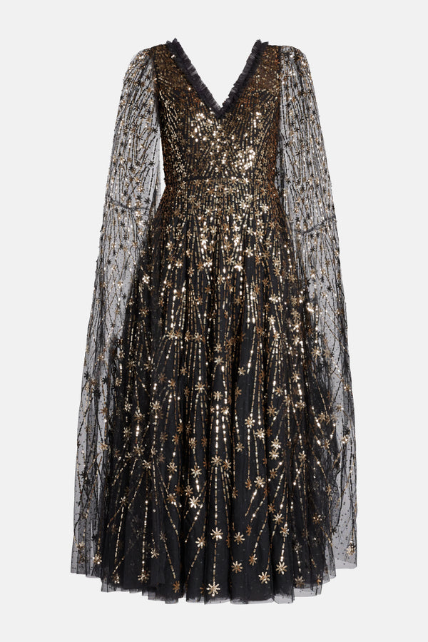 Comet Sequin Cape Evening Dress in Black