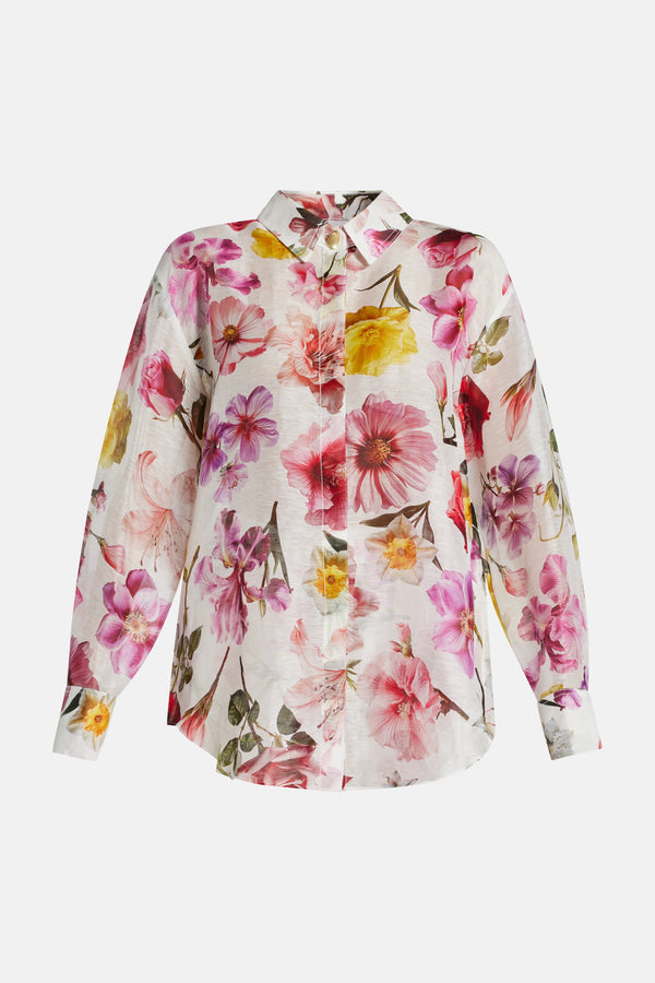Fleur Patterned Long Sleeve Linen Shirt in White and Pink