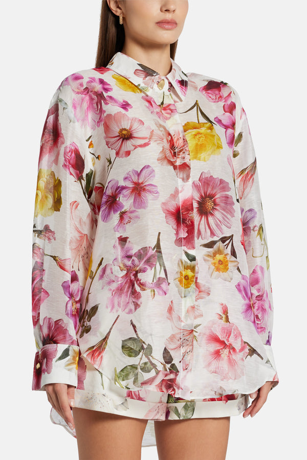 Fleur Patterned Long Sleeve Linen Shirt in White and Pink