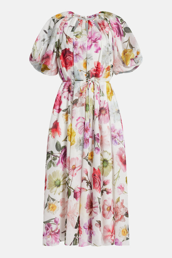 Fleur Patterned Linen Midi Dress in White and Pink