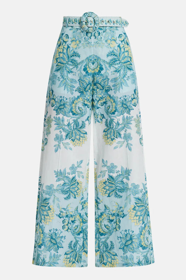Amari Floral Linen Flared Pants in Blue