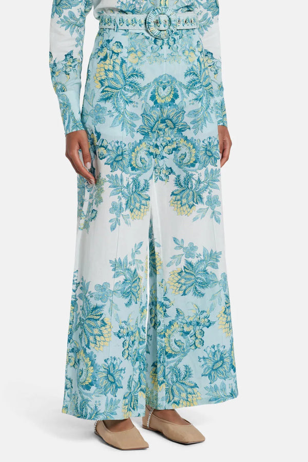 Amari Floral Linen Flared Pants in Blue
