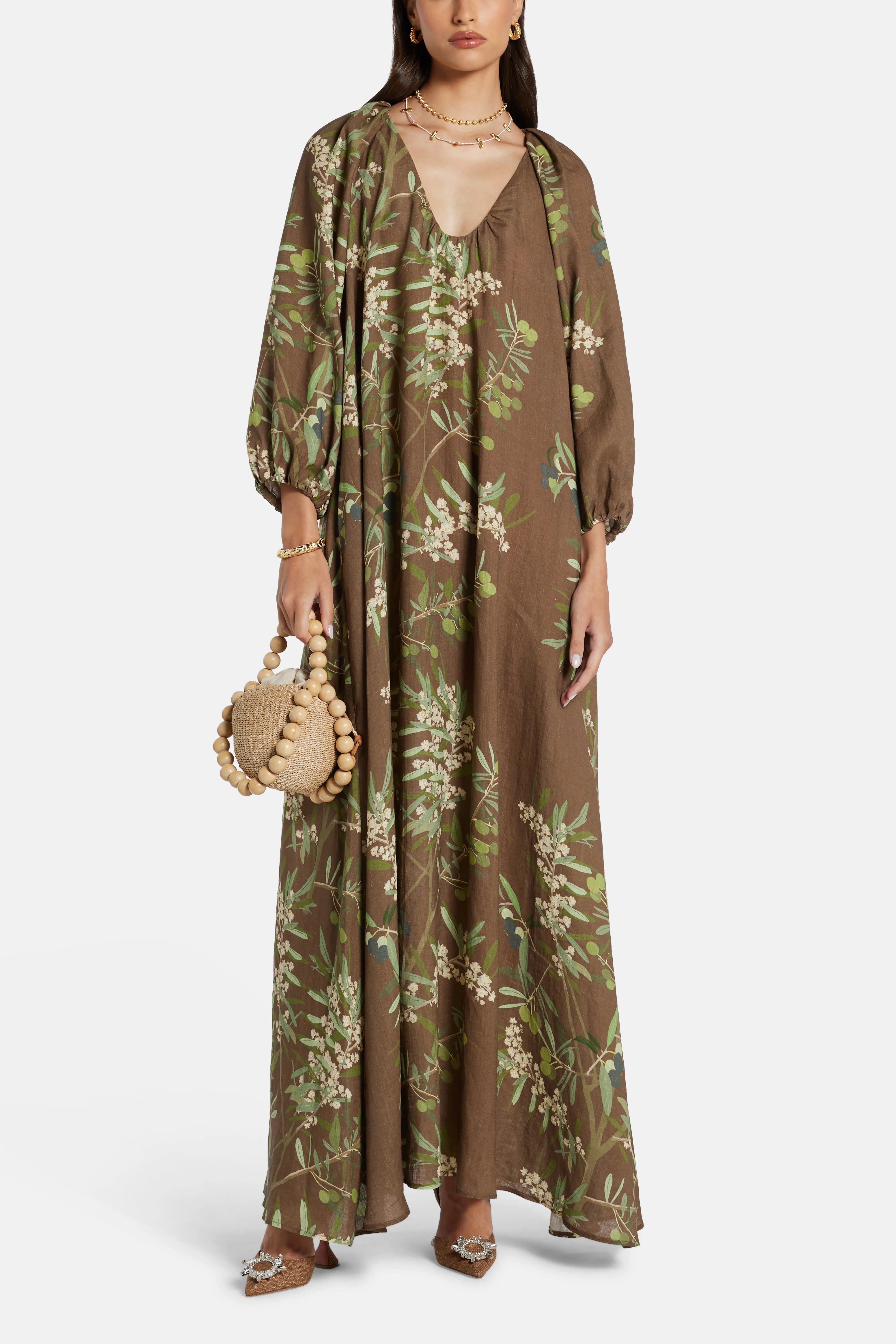 Georgio Puff Sleeves Maxi Dress in Brown