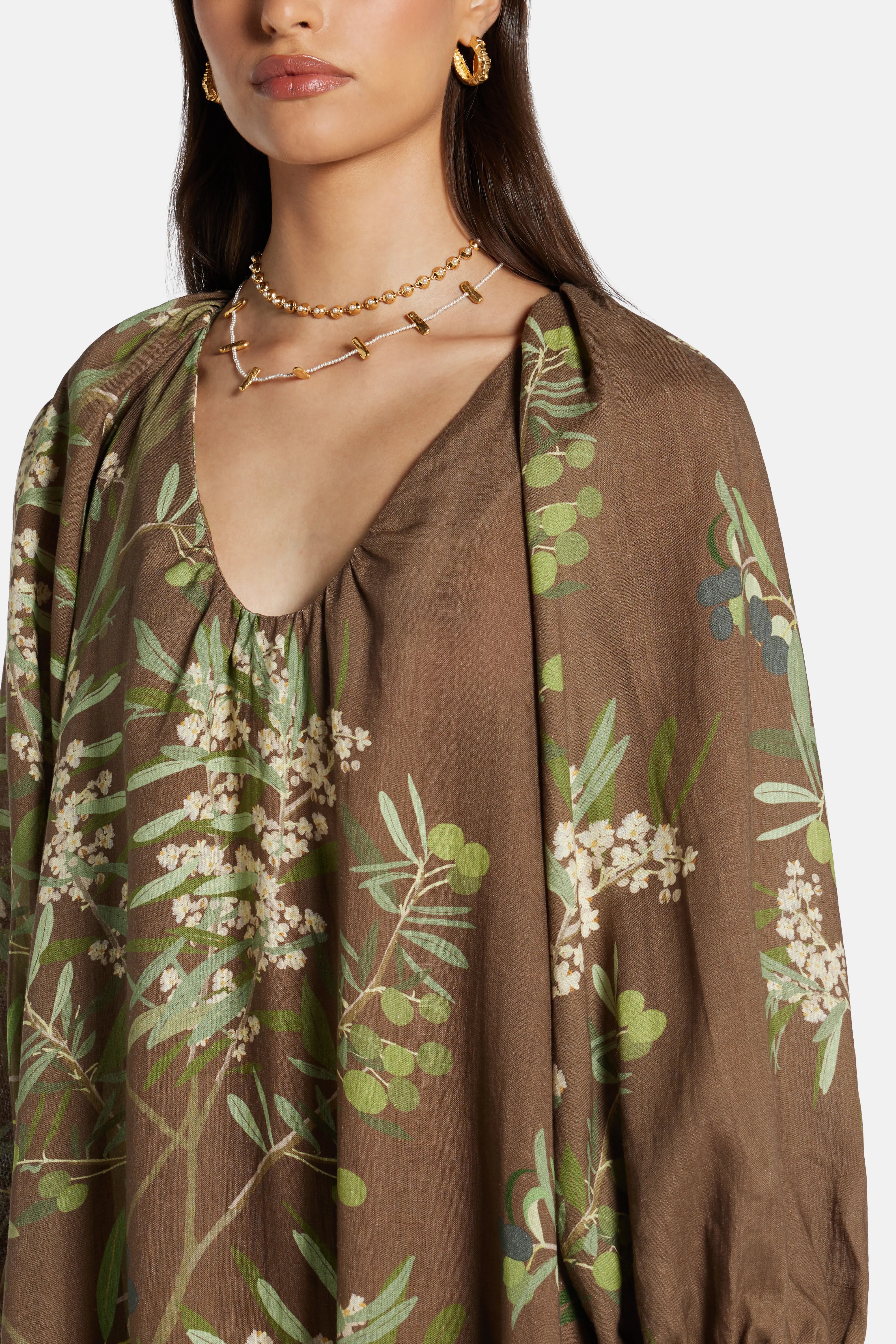 Georgio Puff Sleeves Maxi Dress in Brown