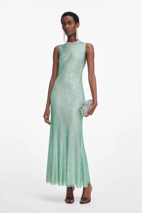 Rhinestone Mesh Sleeveless Evening Dress in Green