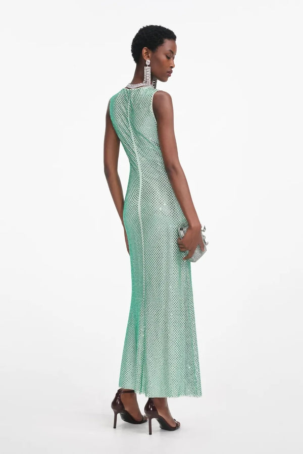 Rhinestone Mesh Sleeveless Evening Dress in Green