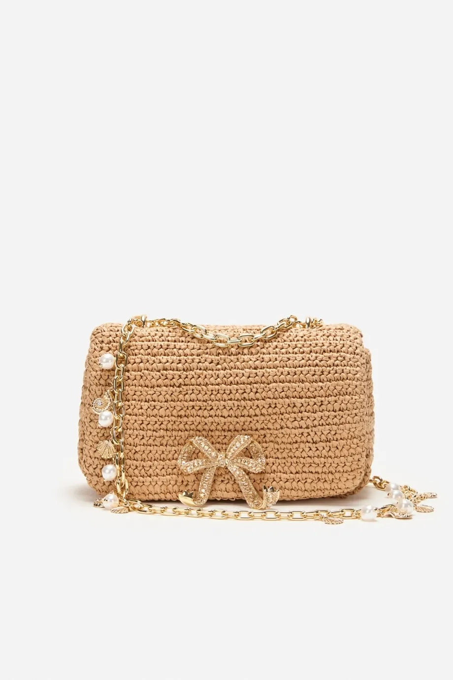 Raffia Bow Charm Shoulder Bag in Brown