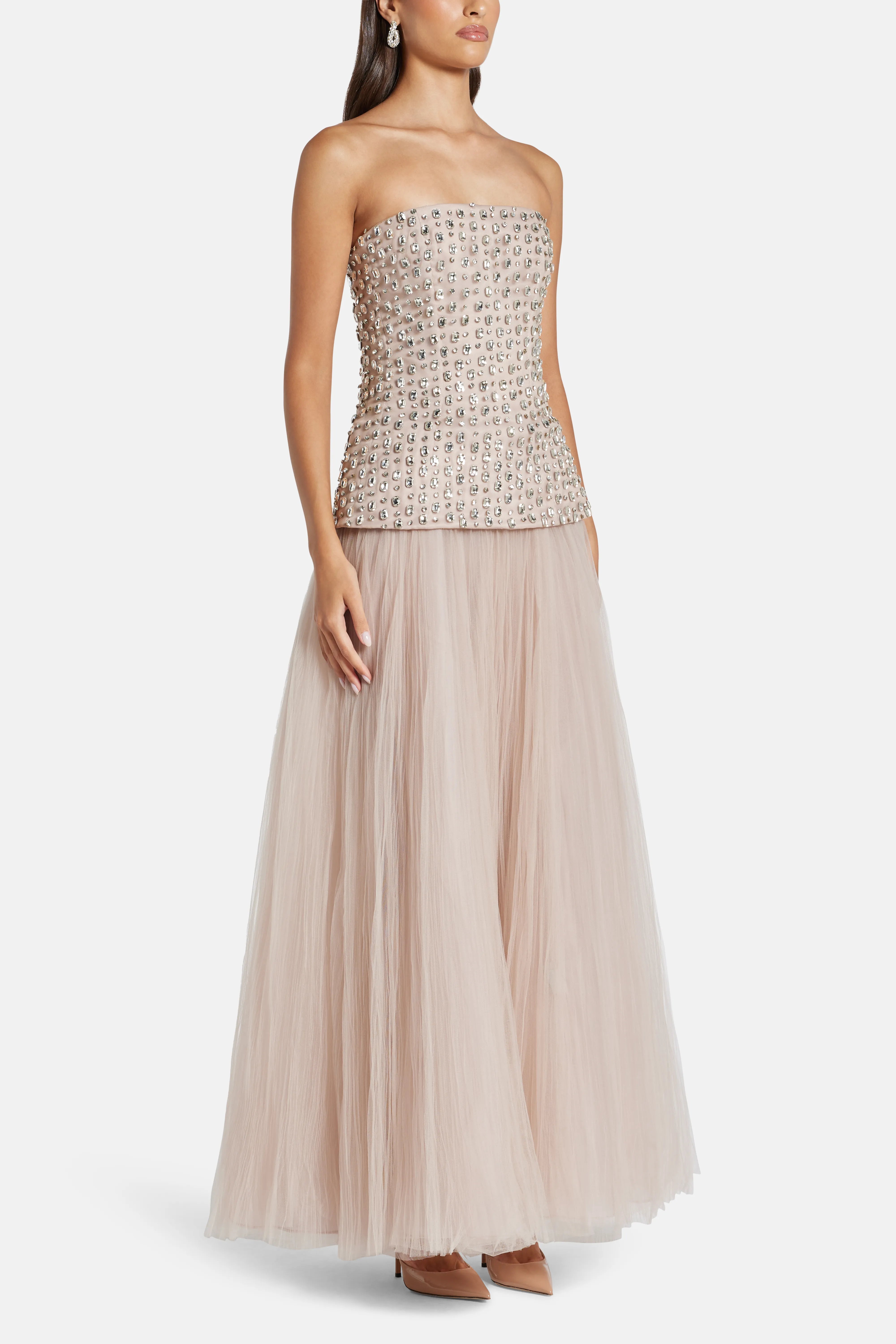 Crystal Stone Evening Dress in Beige