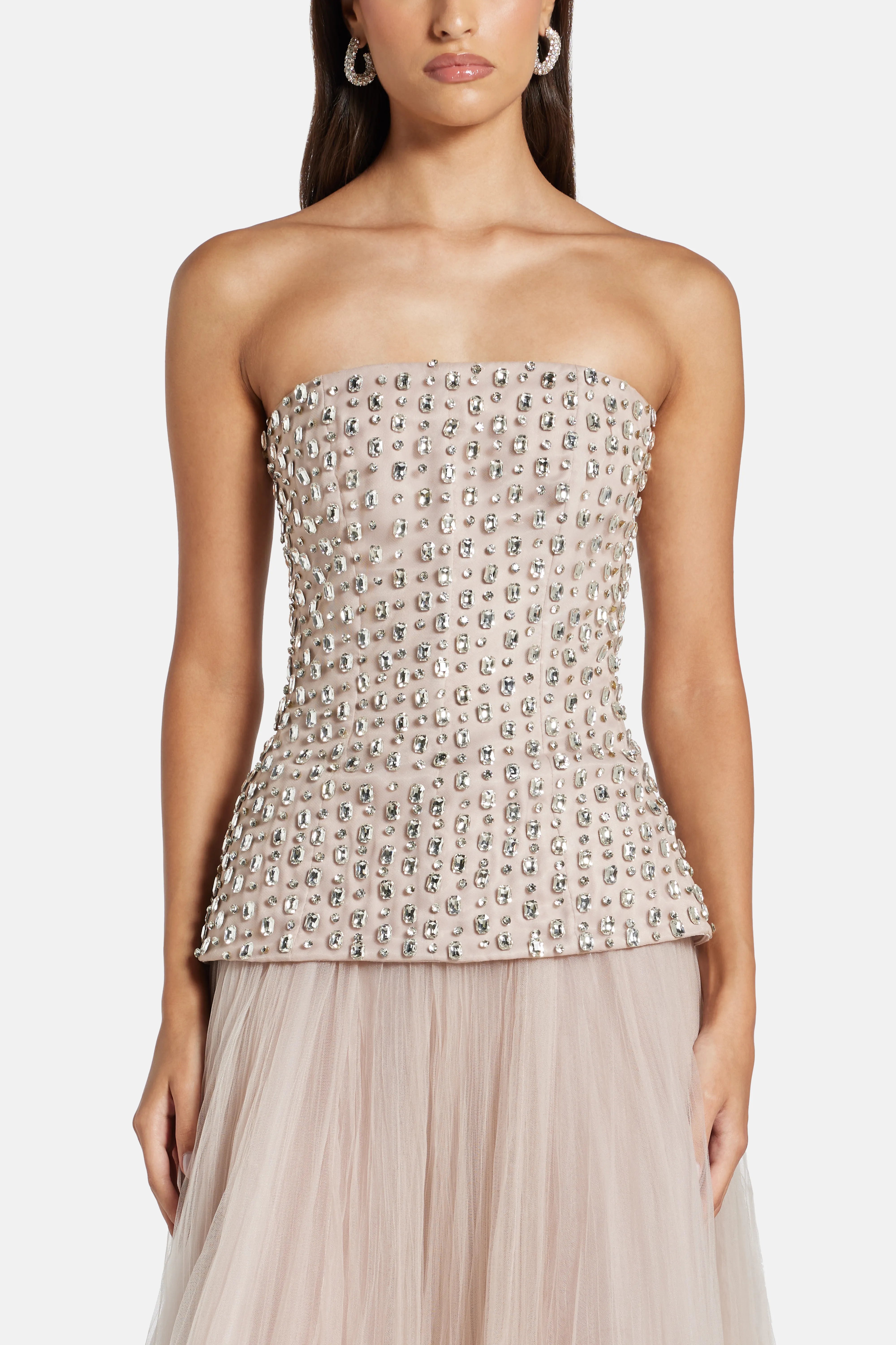 Crystal Stone Evening Dress in Beige