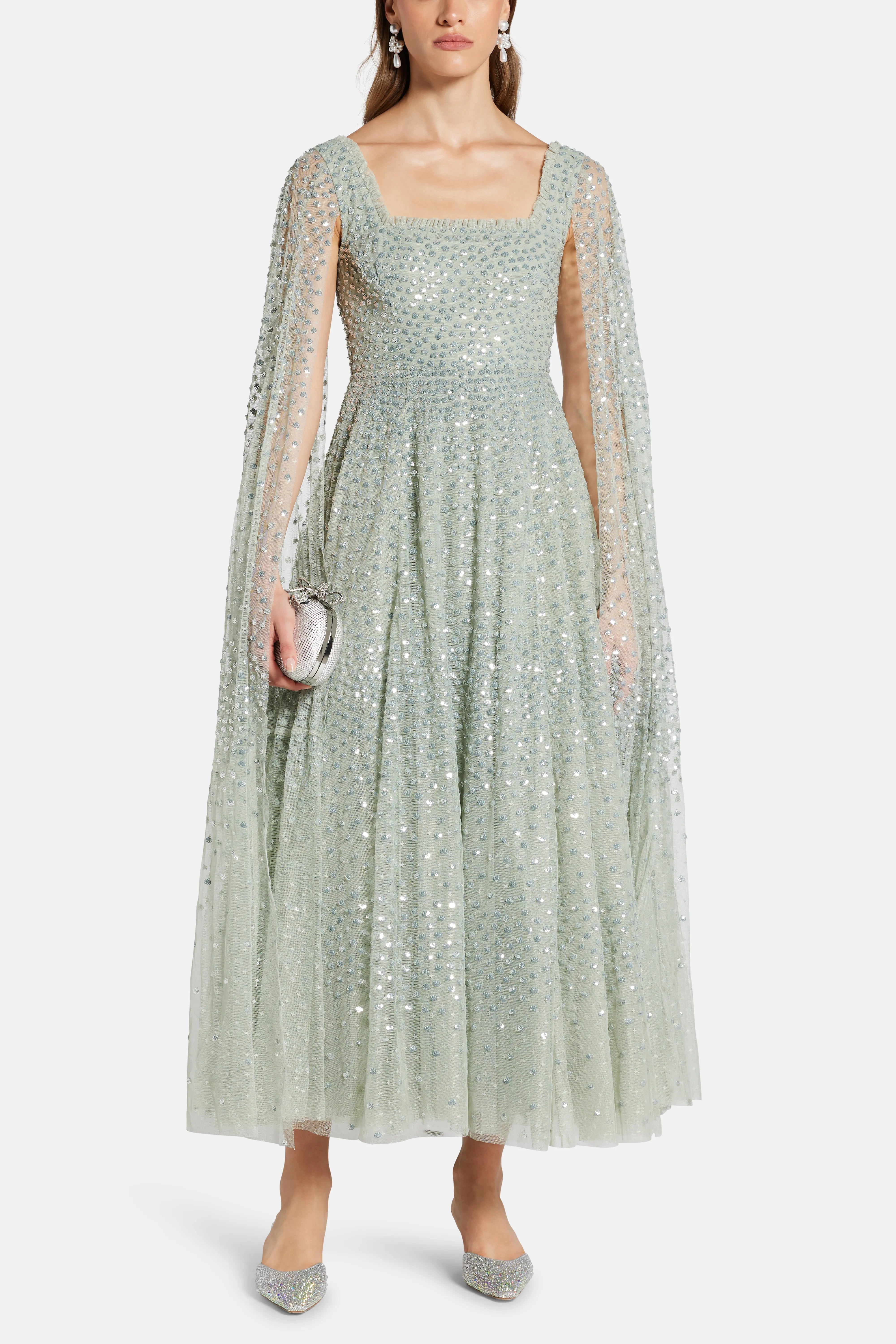 Scatter Dot Cape Sleeve Evening Dress in Green