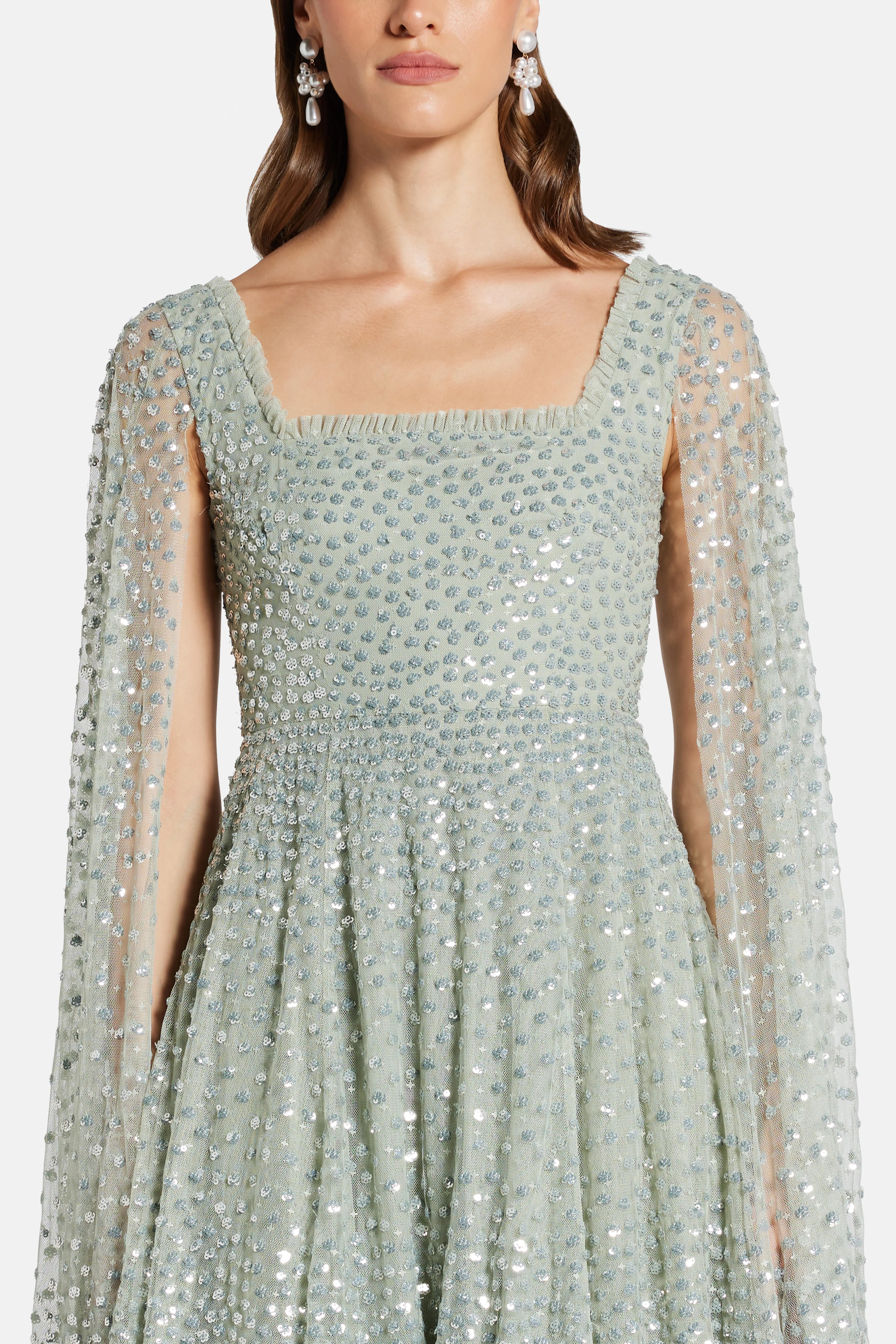 Scatter Dot Cape Sleeve Evening Dress in Green