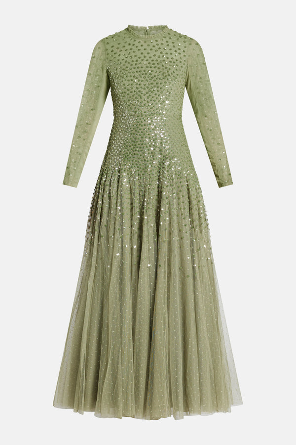Sequin Cascade Round Neck Evening Dress in Green