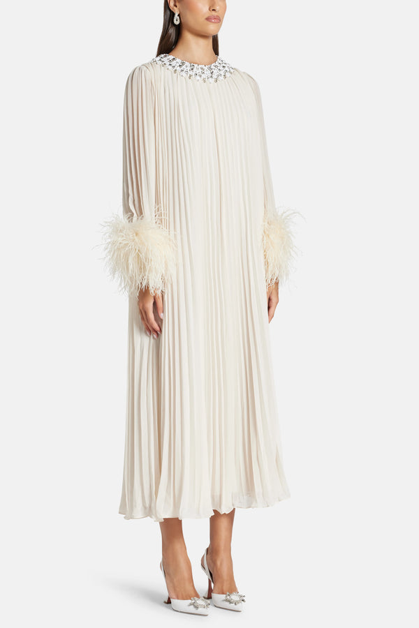Chiffon Feather Evening Dress in Cream