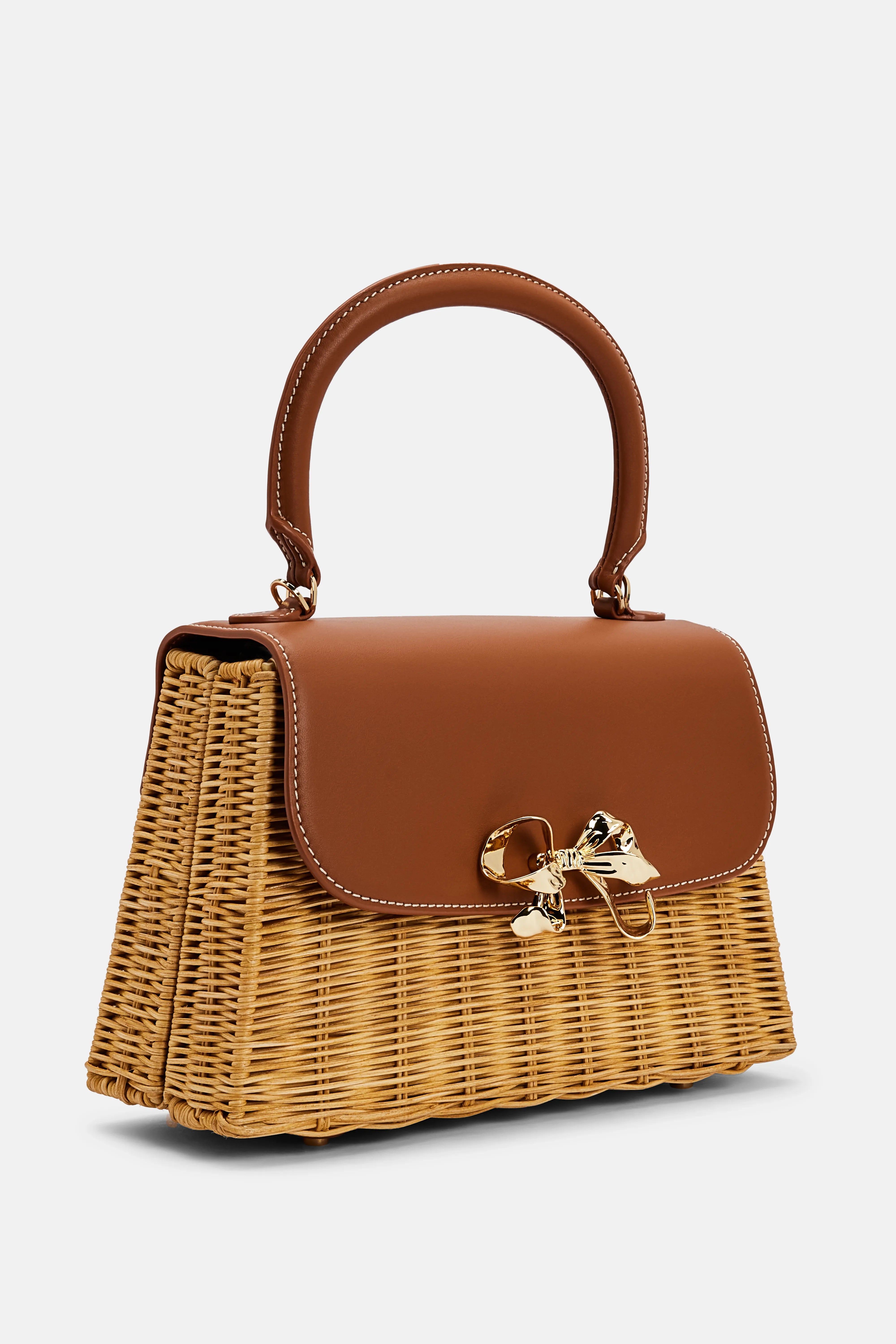 Rattan Bow Top Handle Mini Bag in Brown