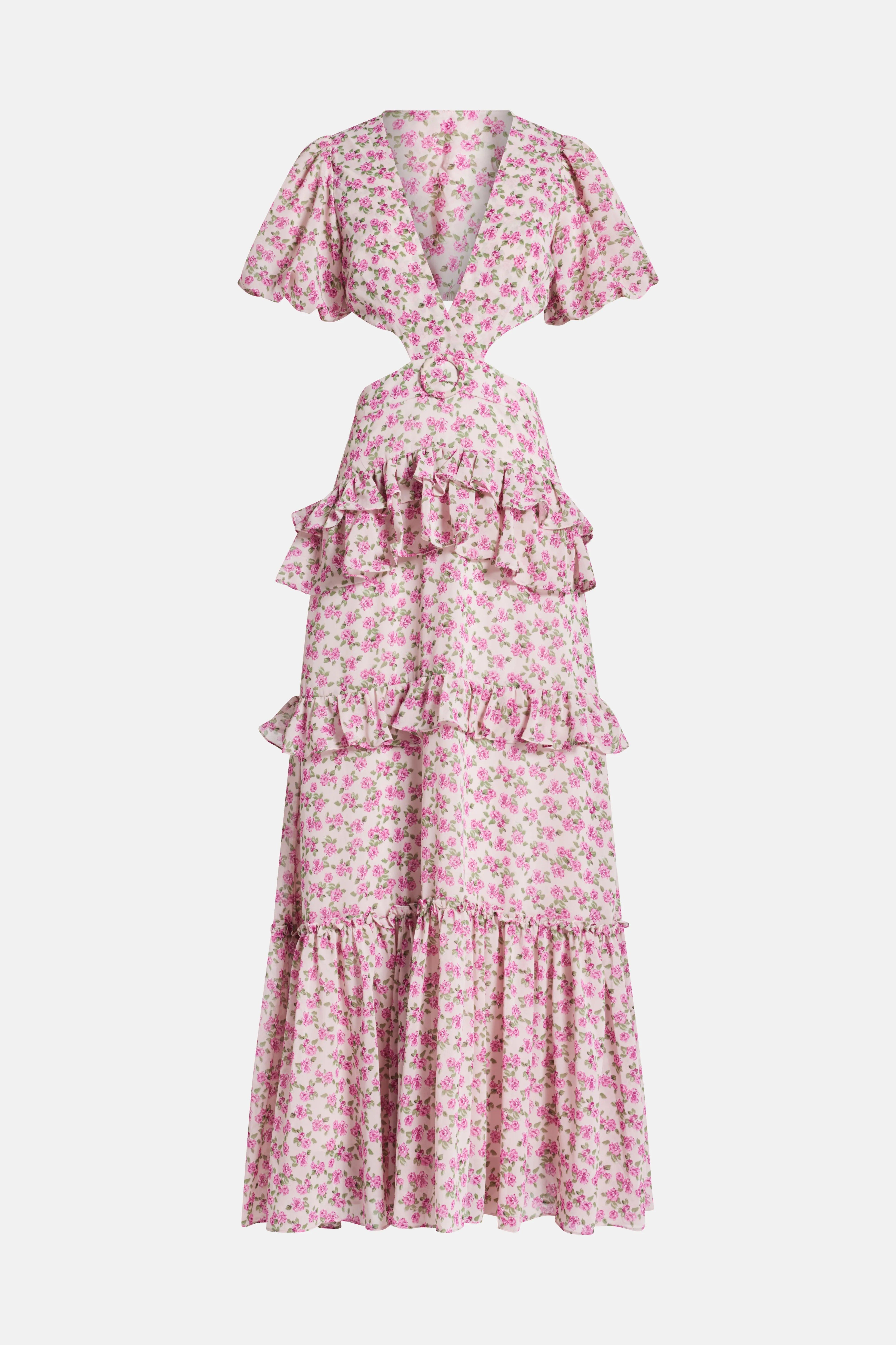 Cassini Ruffle Tiered Cut Out Maxi Dress in Pink
