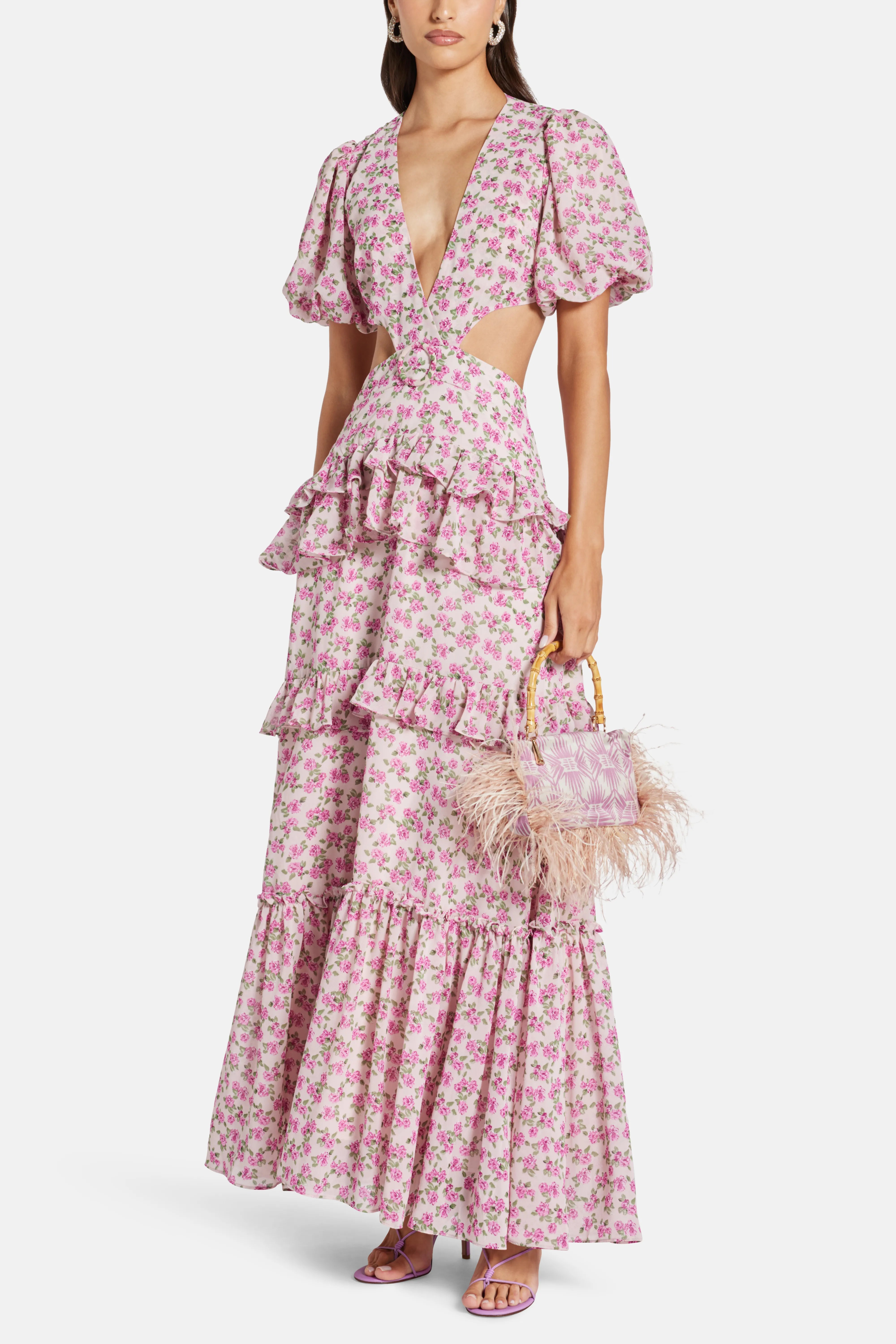 Cassini Ruffle Tiered Cut Out Maxi Dress in Pink