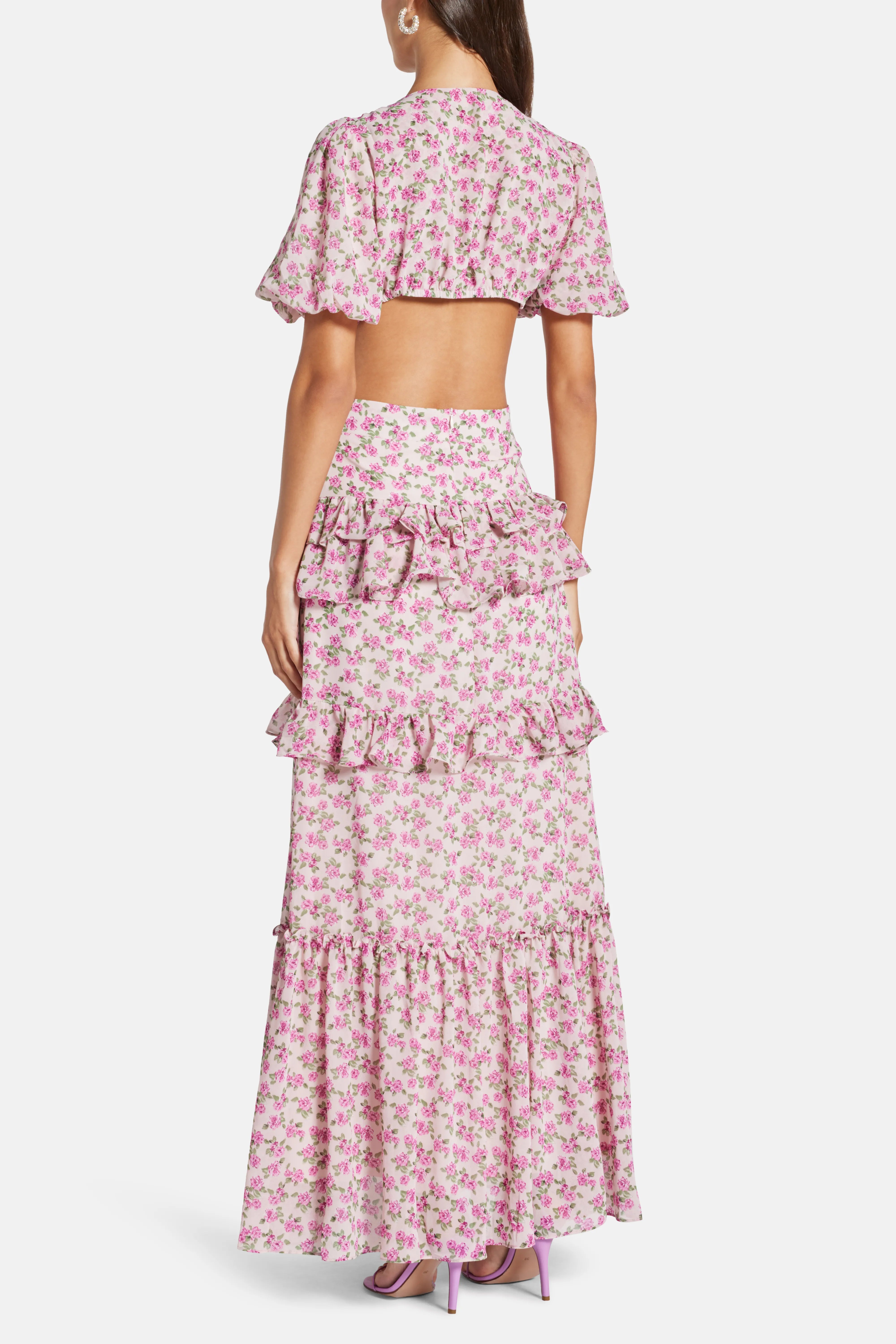 Cassini Ruffle Tiered Cut Out Maxi Dress in Pink