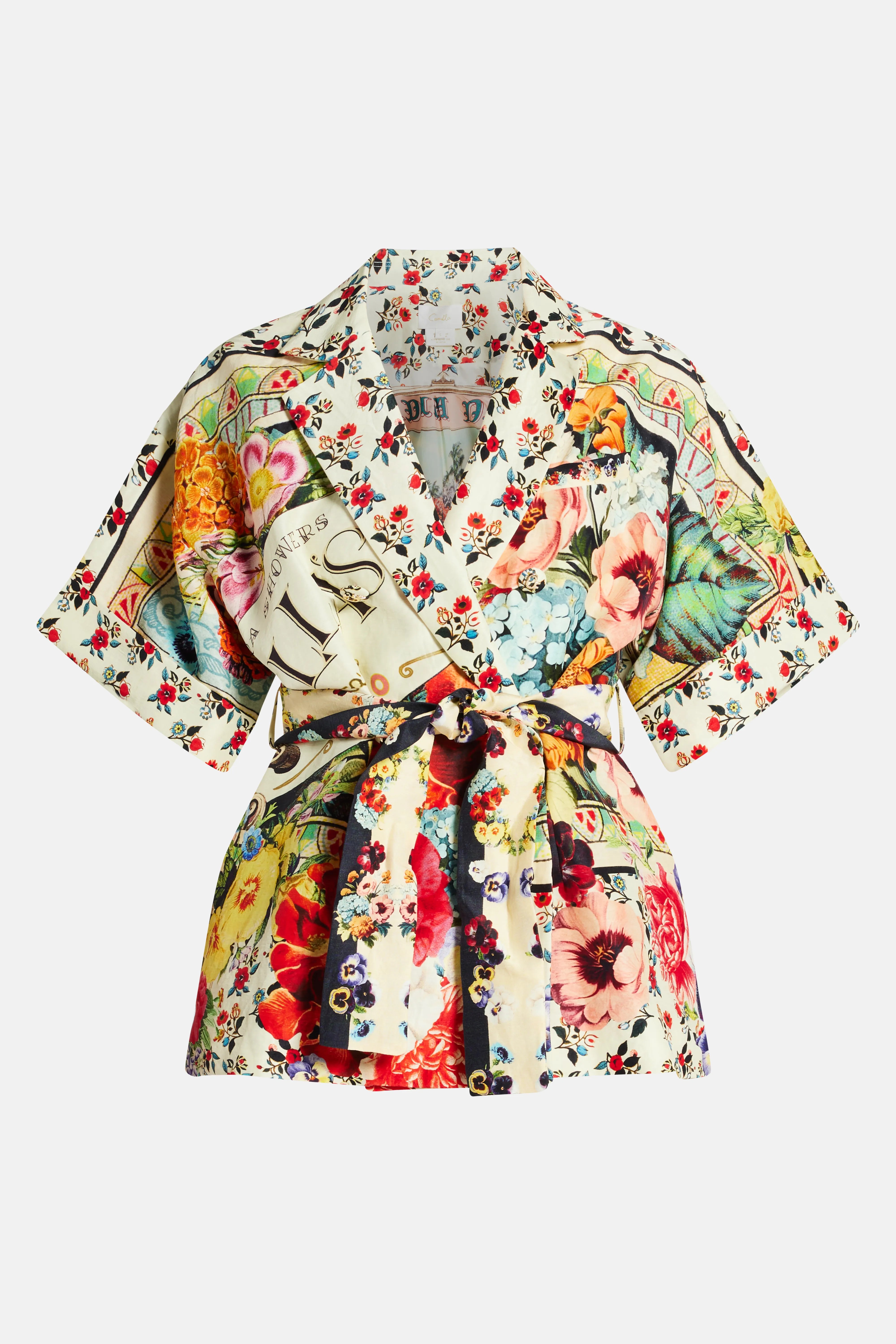 Floral Double Breasted Short Sleeves Linen And Silk Jacket in Red