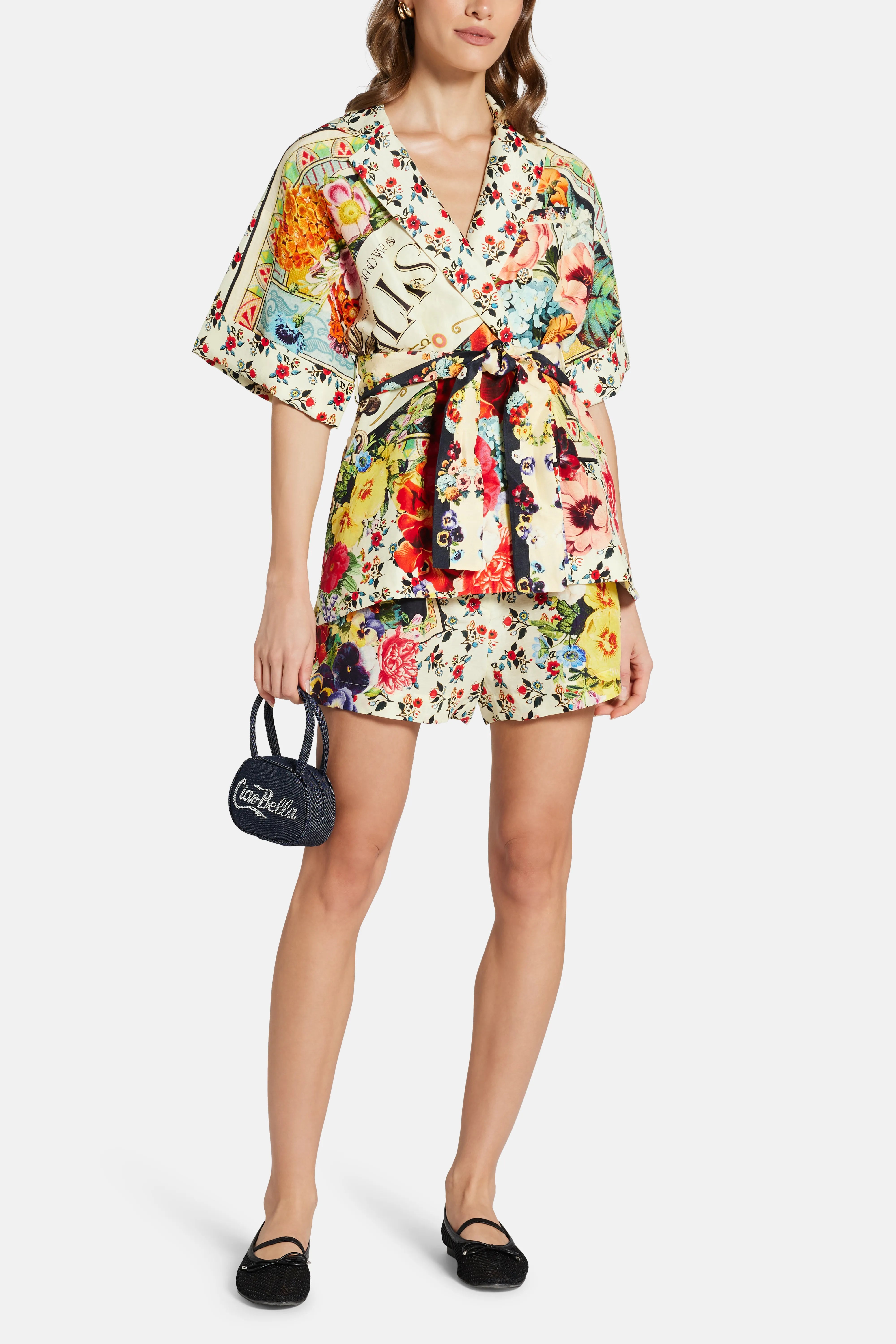 Floral Double Breasted Short Sleeves Linen And Silk Jacket in Red