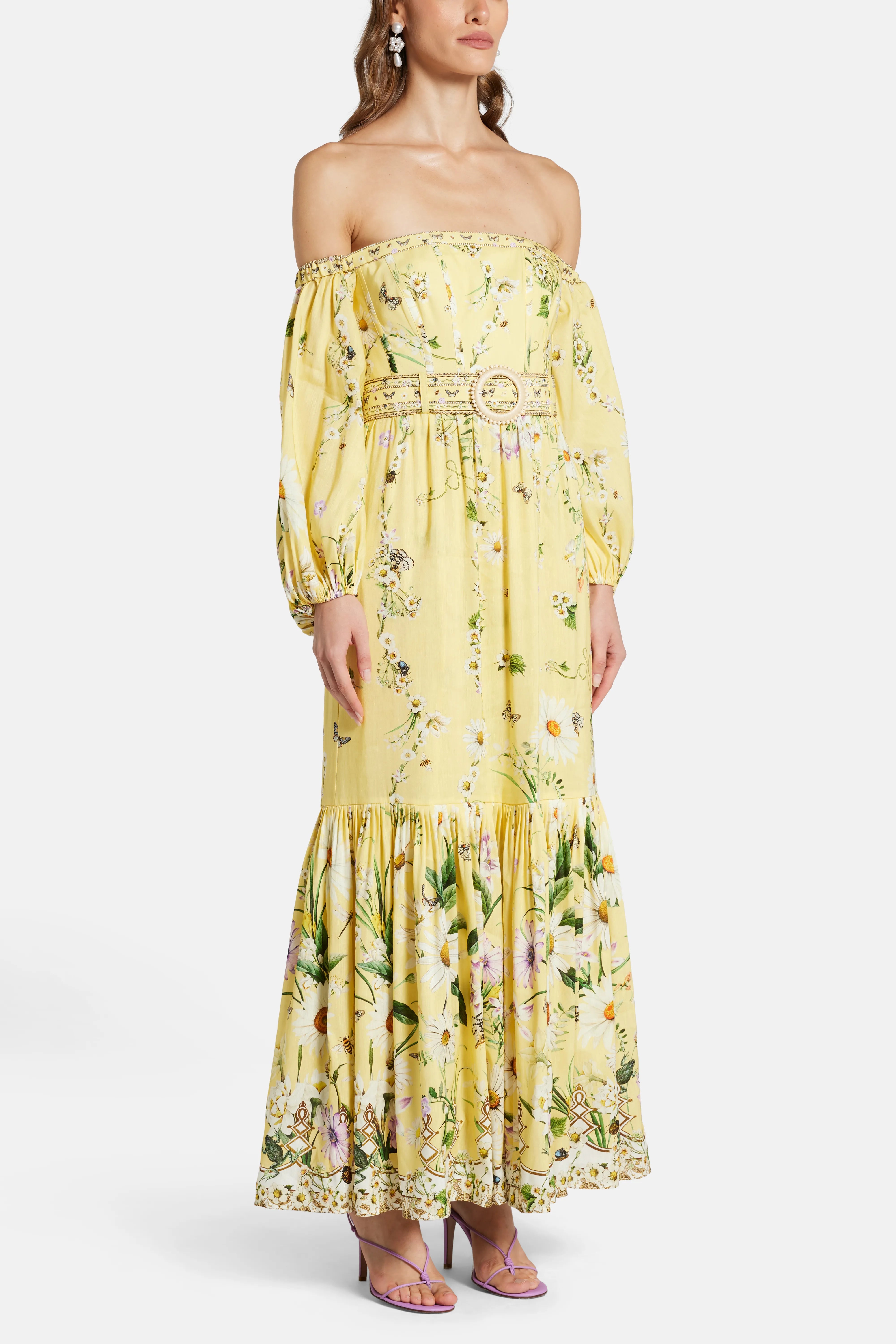 Floral Puff Sleeves Corset Linen And Silk Maxi Dress in Yellow