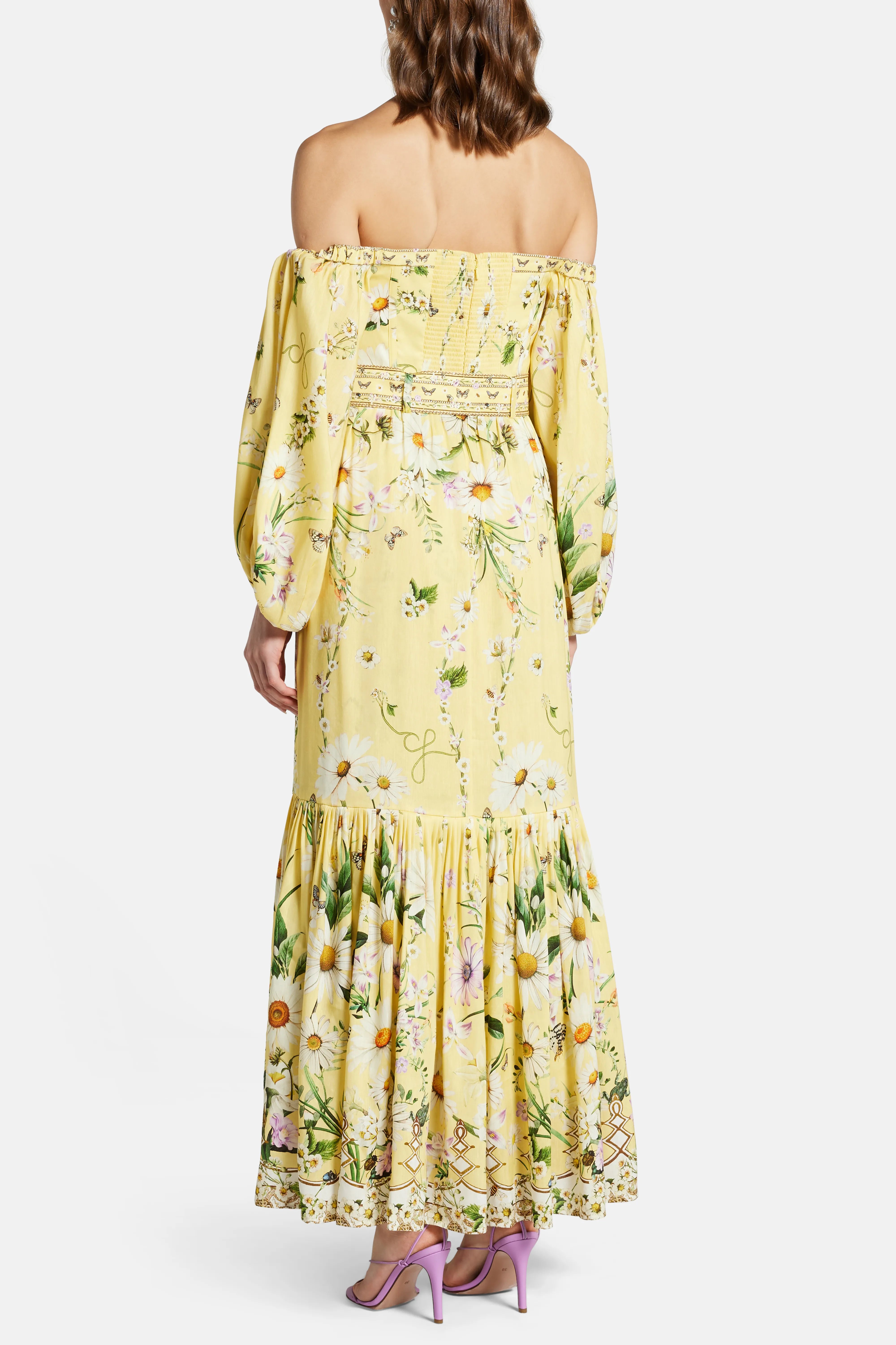 Floral Puff Sleeves Corset Linen And Silk Maxi Dress in Yellow