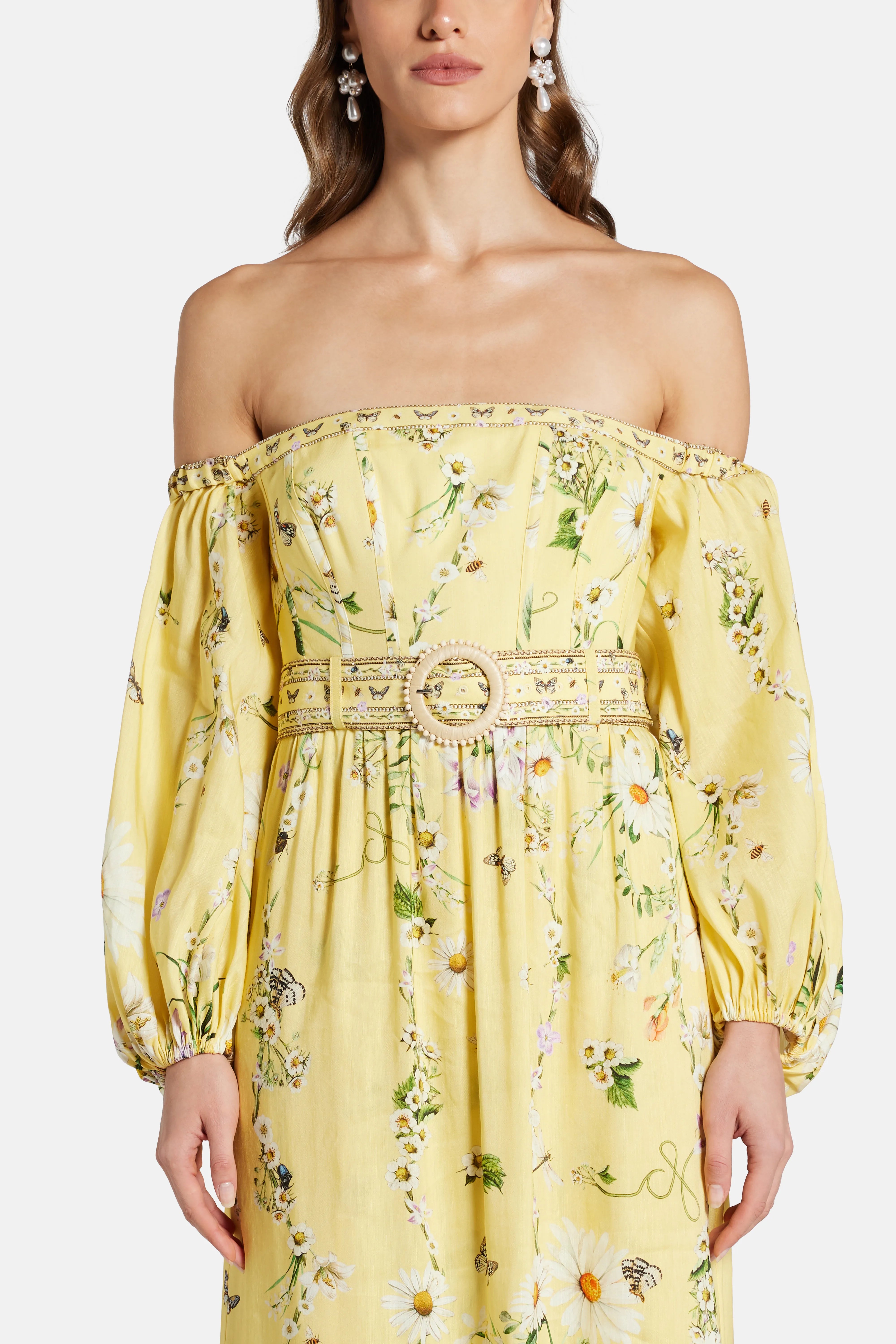 Floral Puff Sleeves Corset Linen And Silk Maxi Dress in Yellow