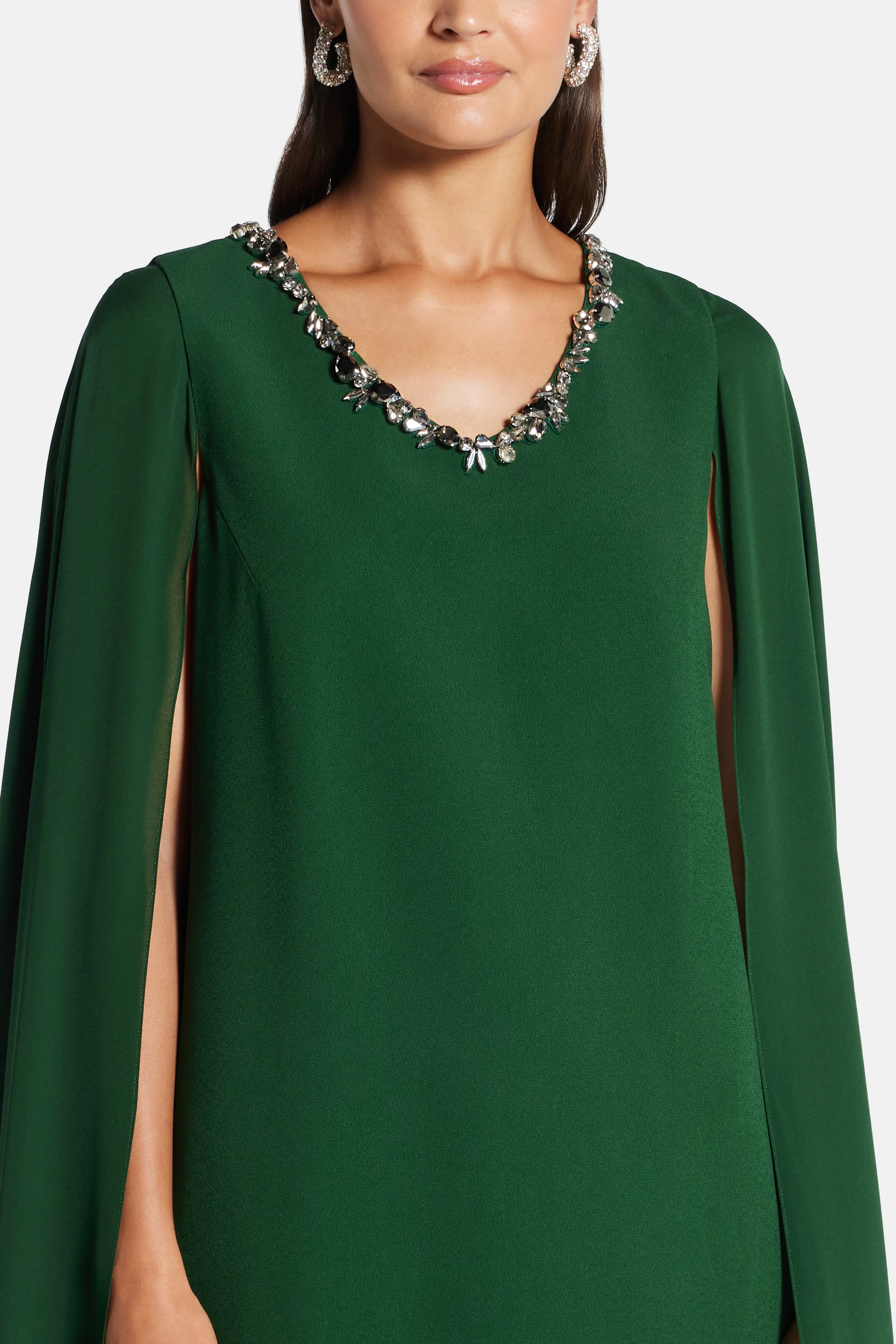 Embellished Neck With Cape Sleeves Evening Gown in Green