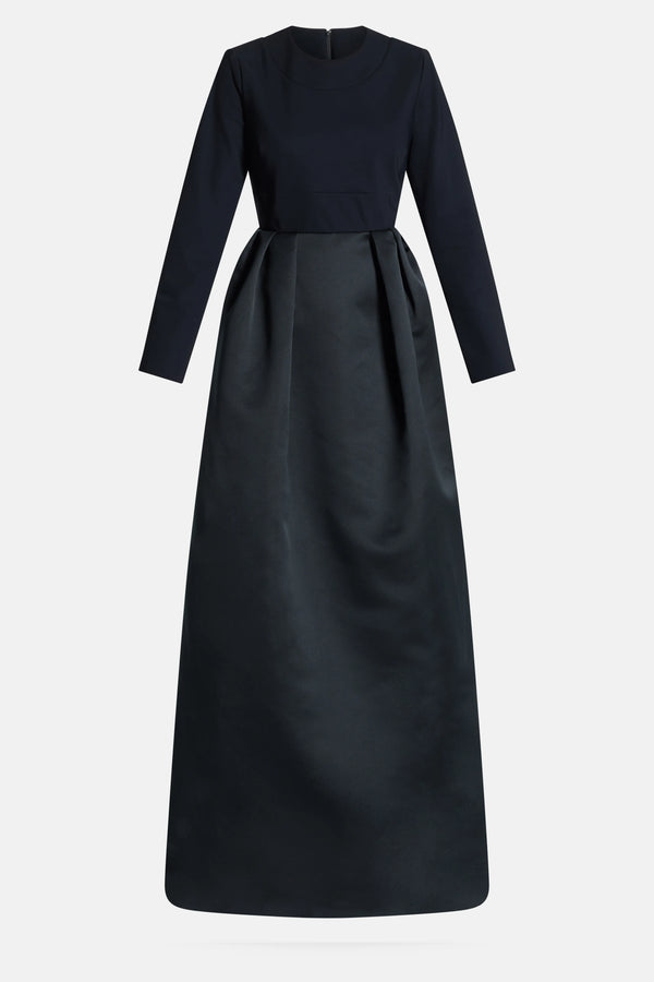Box Pleats Long Sleeves Round Neck Evening Dress in Black