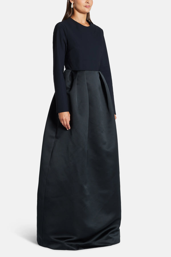 Box Pleats Long Sleeves Round Neck Evening Dress in Black