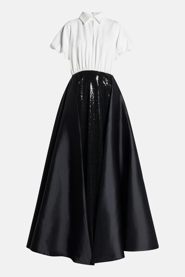 Collared Evening Dress with Skirt Overlay in Black and White