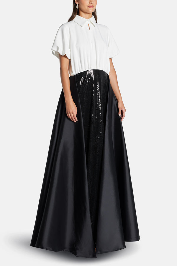 Collared Evening Dress with Skirt Overlay in Black and White