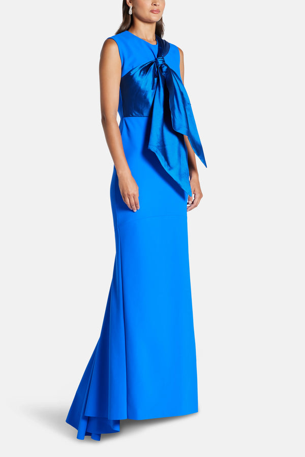 Floral Applique Contrast A-Line Evening Gown in Blue