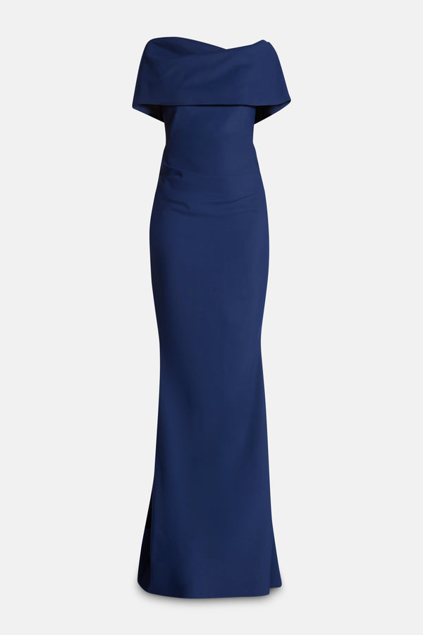 Across The Shoulder Evening Gown With Train in Blue