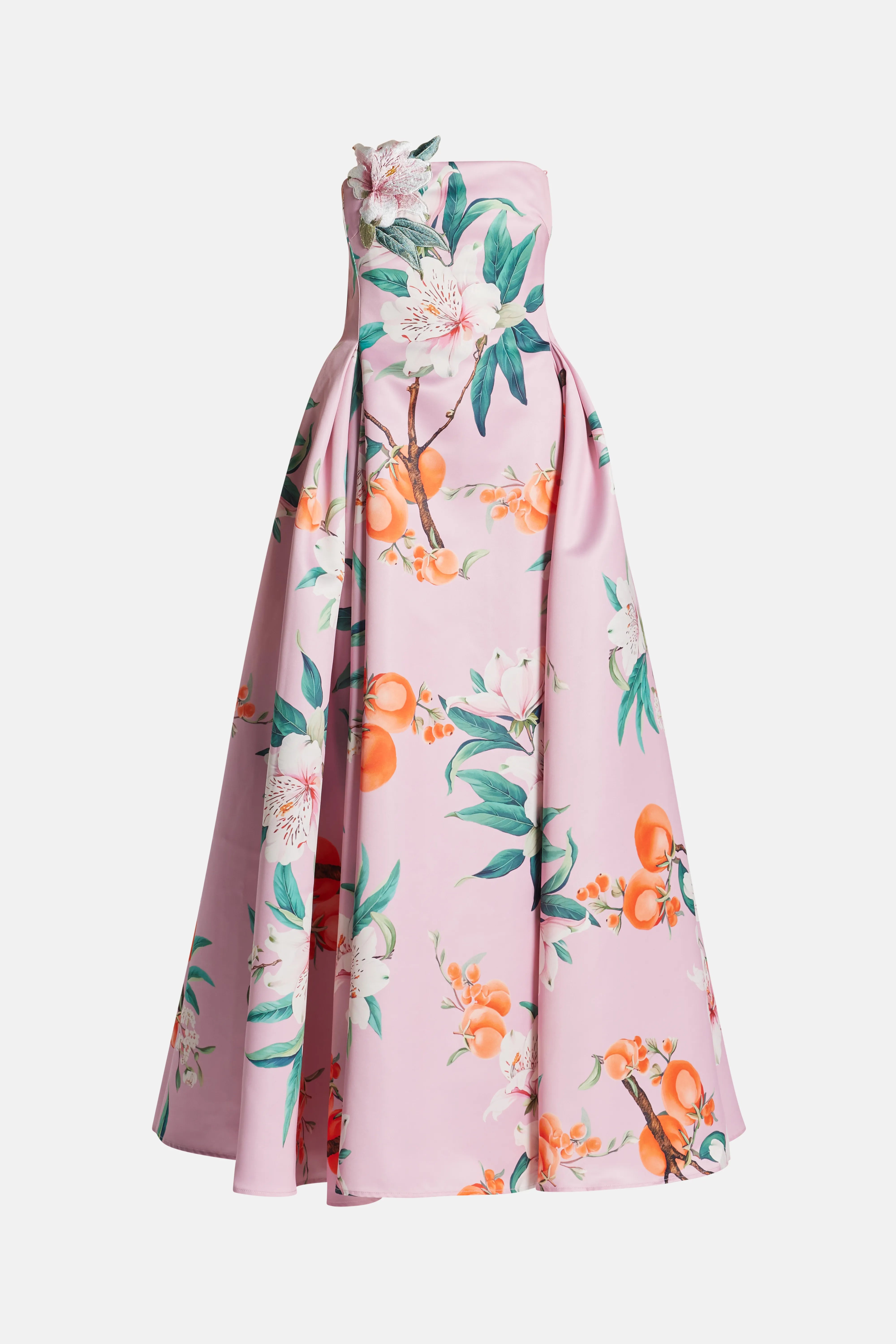 Nora Bustier Floral Applique Linen Maxi Dress In Pink