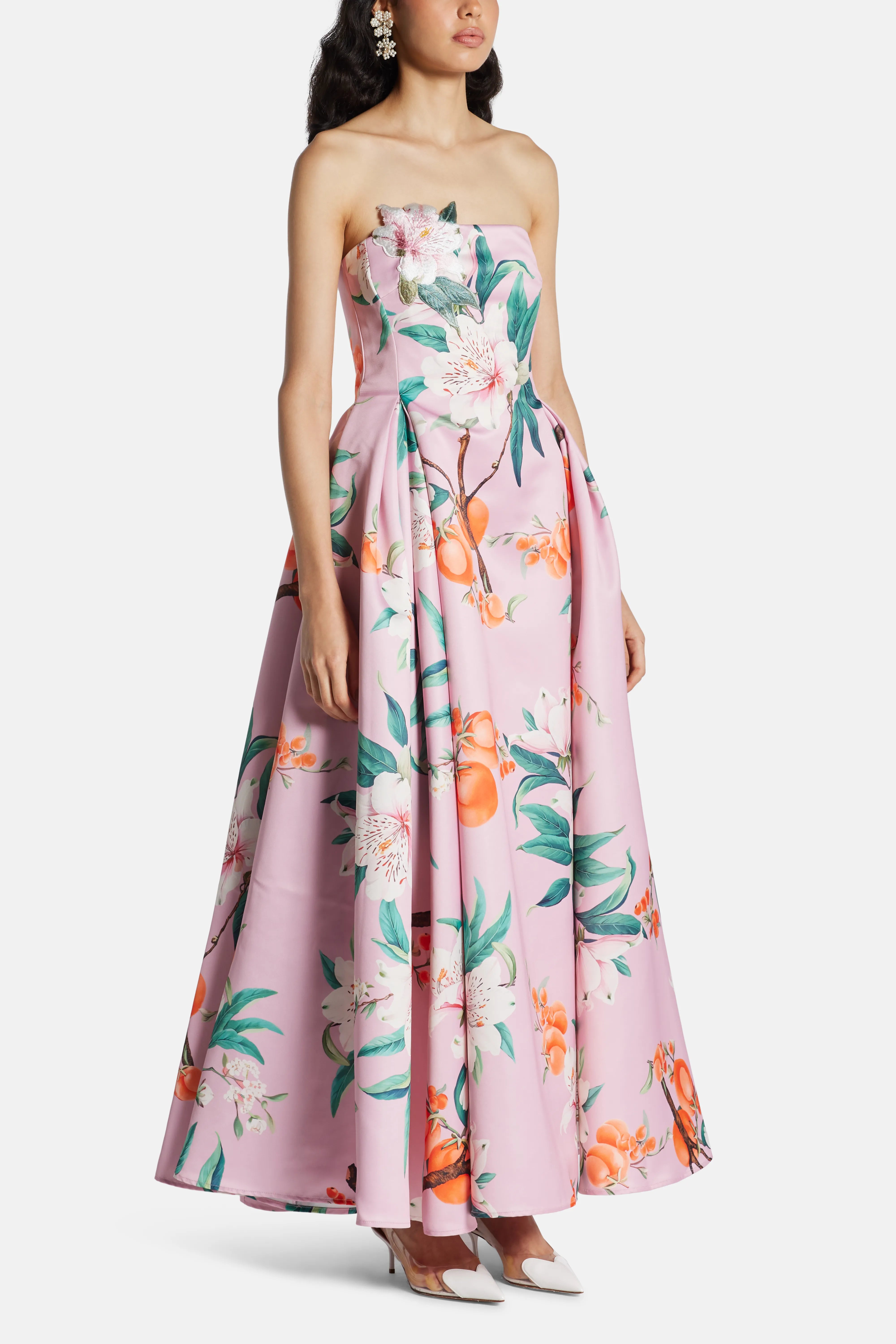Nora Bustier Floral Applique Linen Maxi Dress In Pink