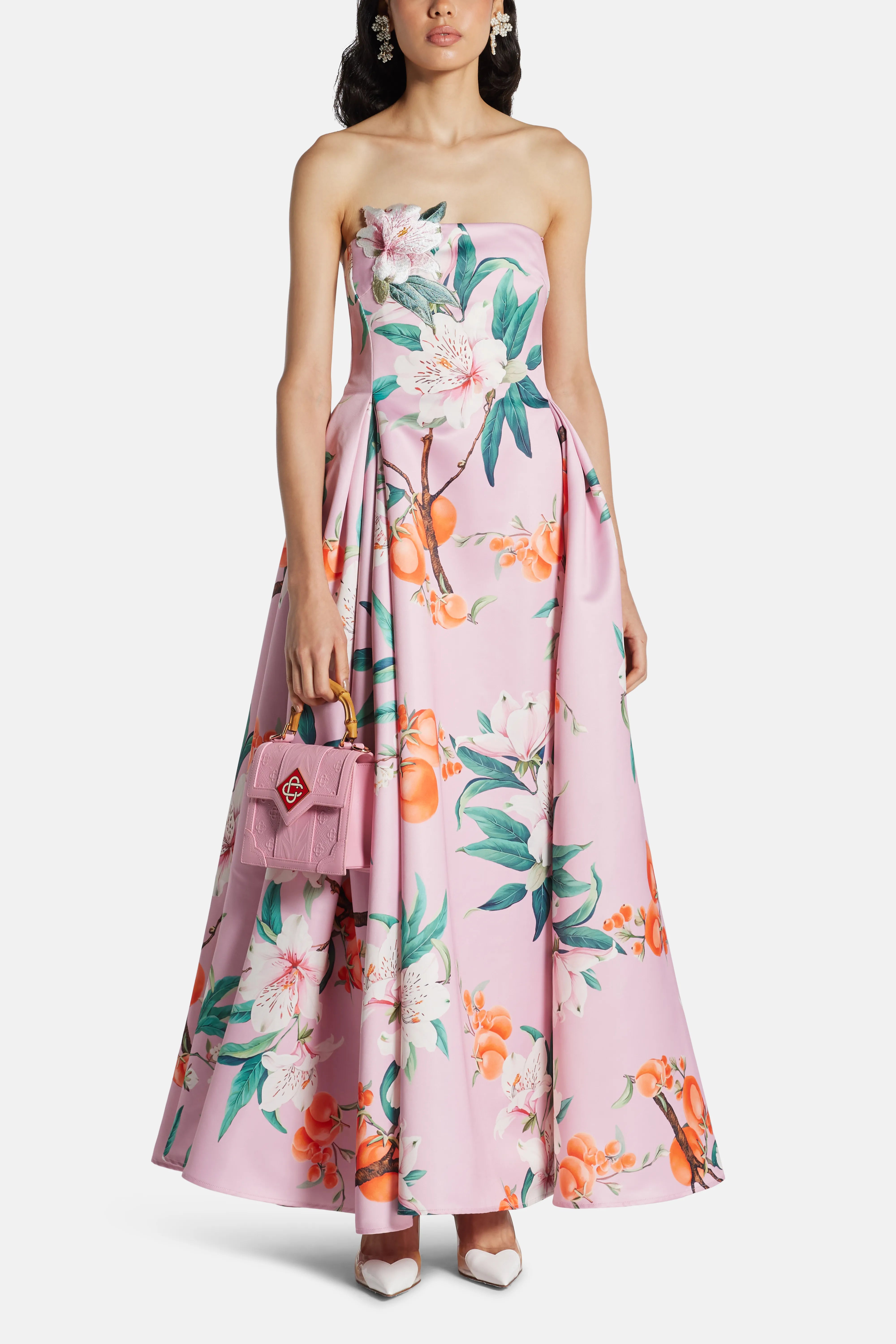 Nora Bustier Floral Applique Linen Maxi Dress In Pink