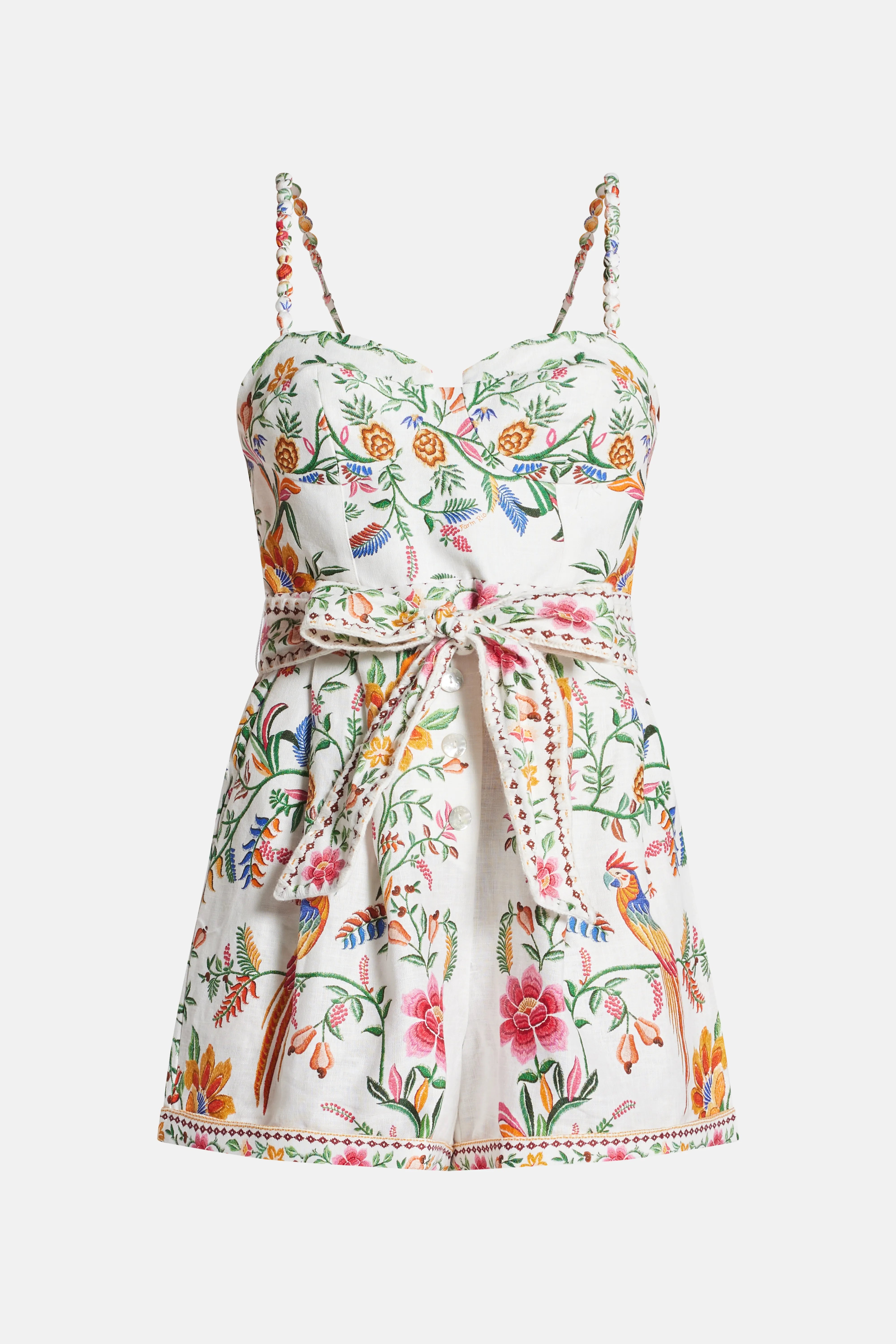 Delicate Forest Floral Sleeveless Linen Romper In White