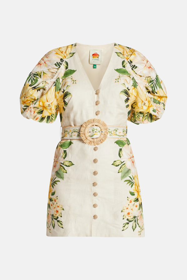 Garden Cascade Floral Puff Sleeves Belted Linen Mini Dress In White