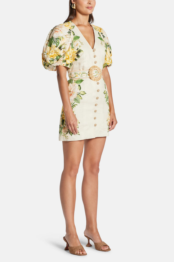 Garden Cascade Floral Puff Sleeves Belted Linen Mini Dress In White
