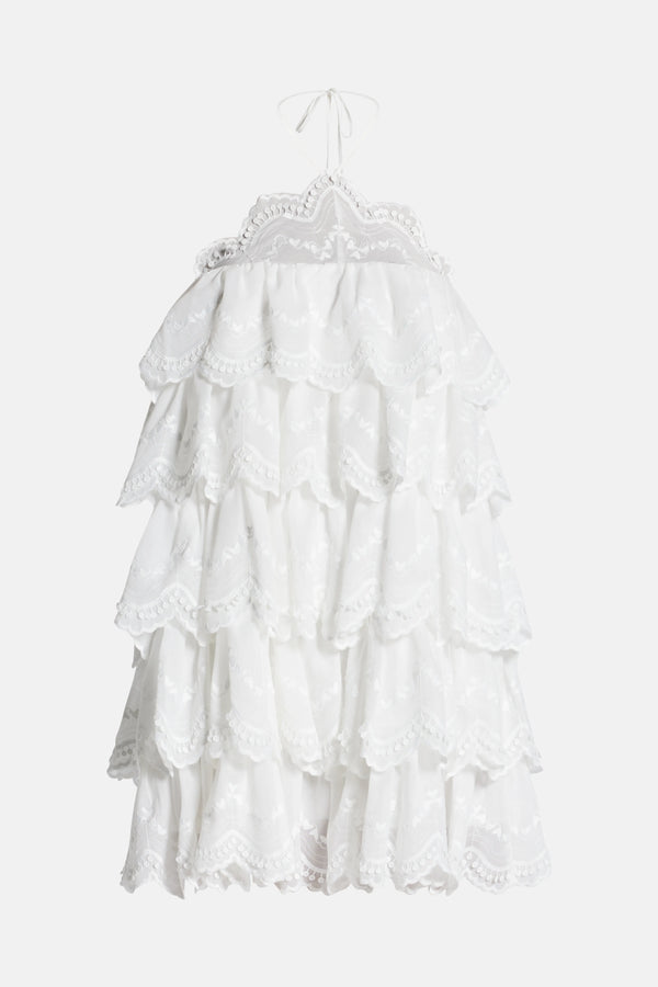 Phi Phi Halter Neck Ruffle Cotton Mini Dress in White