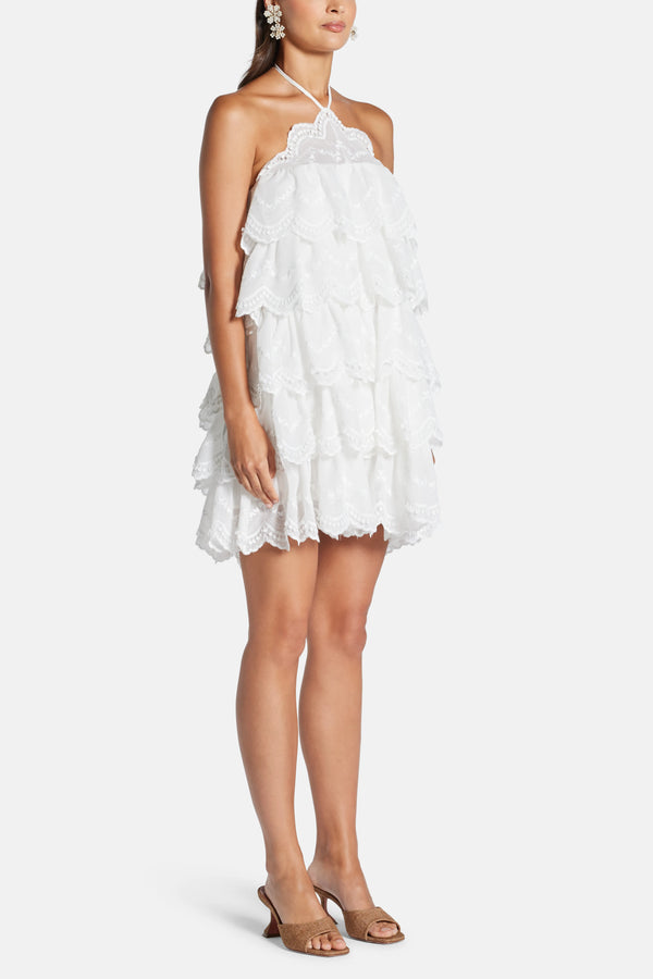 Phi Phi Halter Neck Ruffle Cotton Mini Dress in White