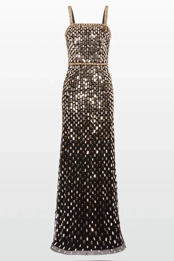 Juliette Sequins Embellished Sleeveless Evening Gown in Black and Gold