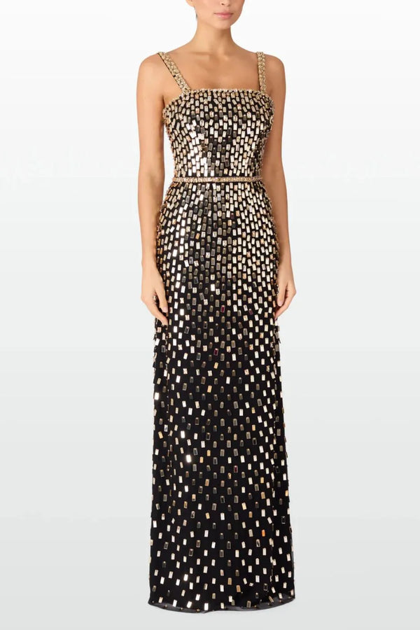 Juliette Sequins Embellished Sleeveless Evening Gown in Black and Gold