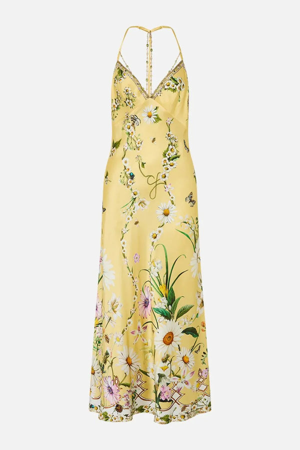 Daisy Chains Detail Sleeveless Floral Slik Slip Dress in Yellow