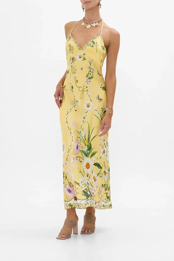 Daisy Chains Detail Sleeveless Floral Slik Slip Dress in Yellow