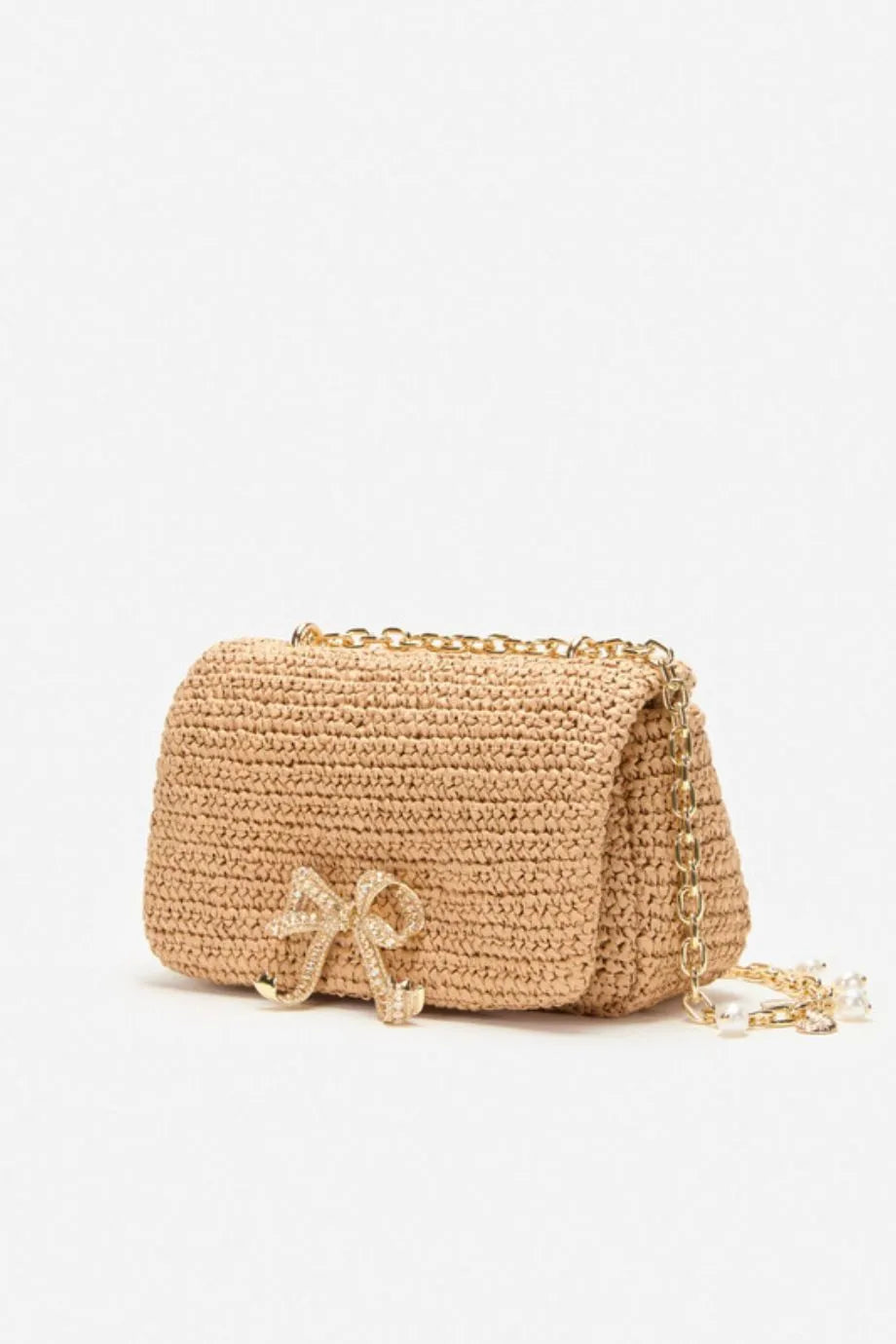 Raffia Bow Charm Shoulder Bag in Brown