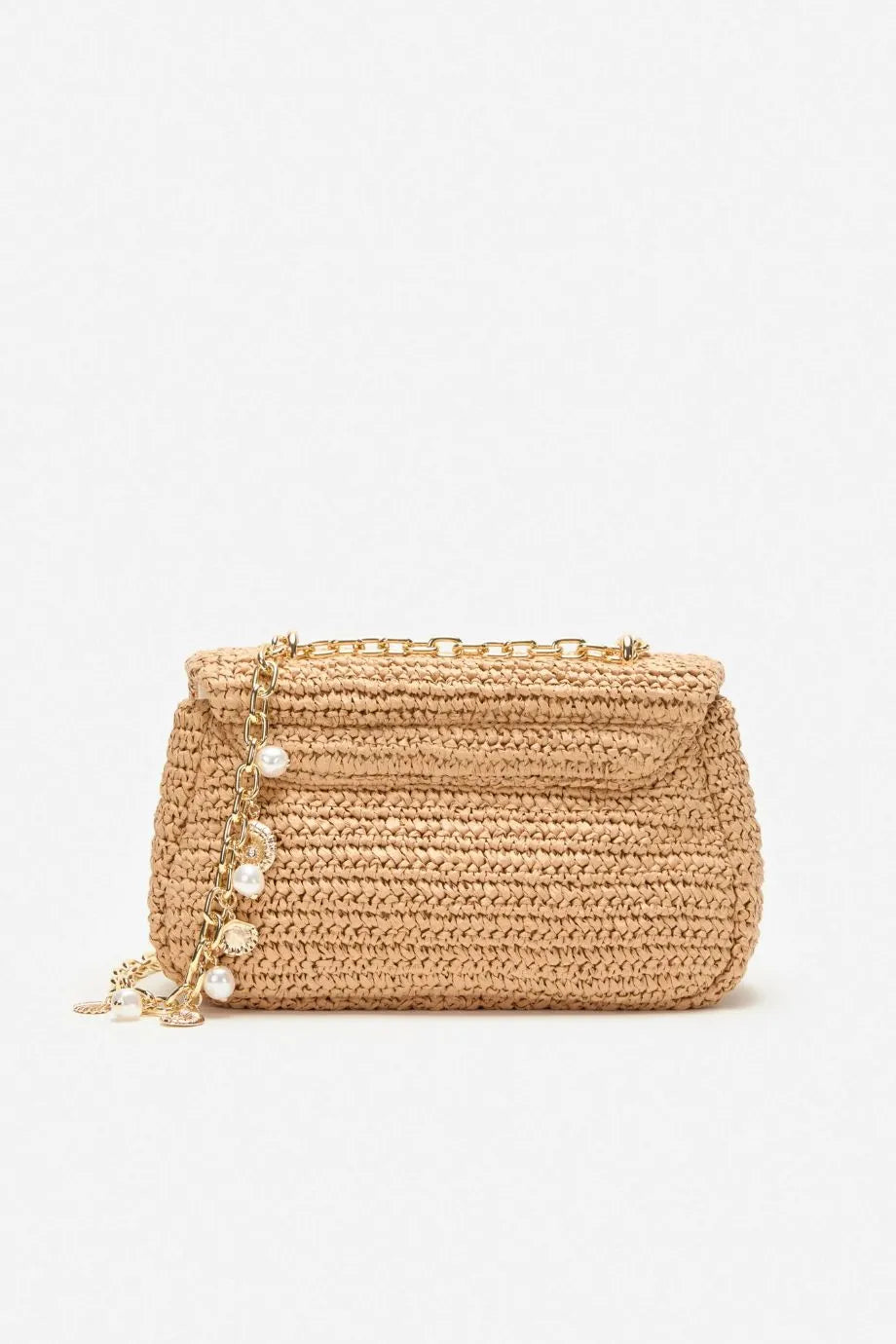 Raffia Bow Charm Shoulder Bag in Brown