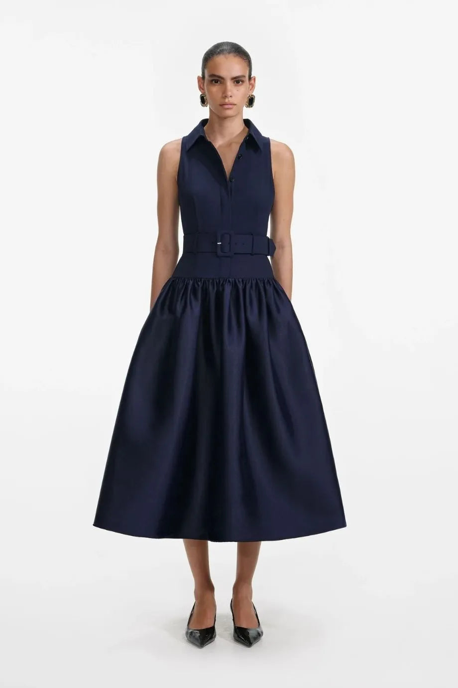 Belted Twill Sleeveless Midi Dress in Blue