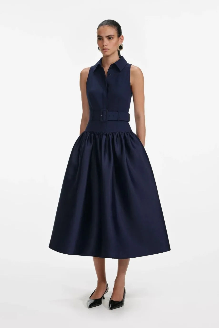 Belted Twill Sleeveless Midi Dress in Blue