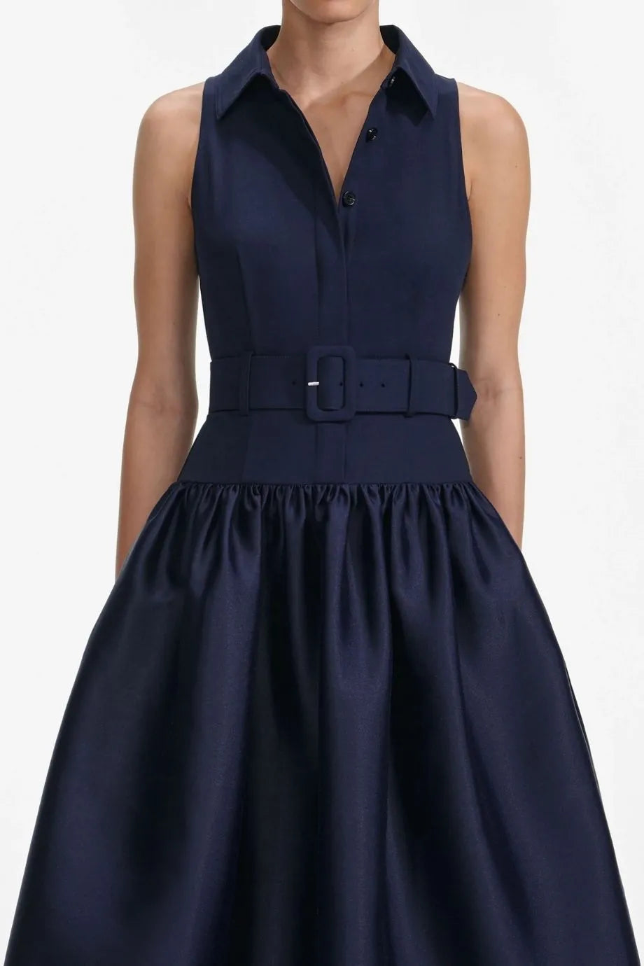 Belted Twill Sleeveless Midi Dress in Blue